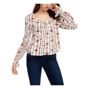 FRESHMAN FOREVER Womens Ivory Short Length Pleated Floral V Neck Top Juniors XL